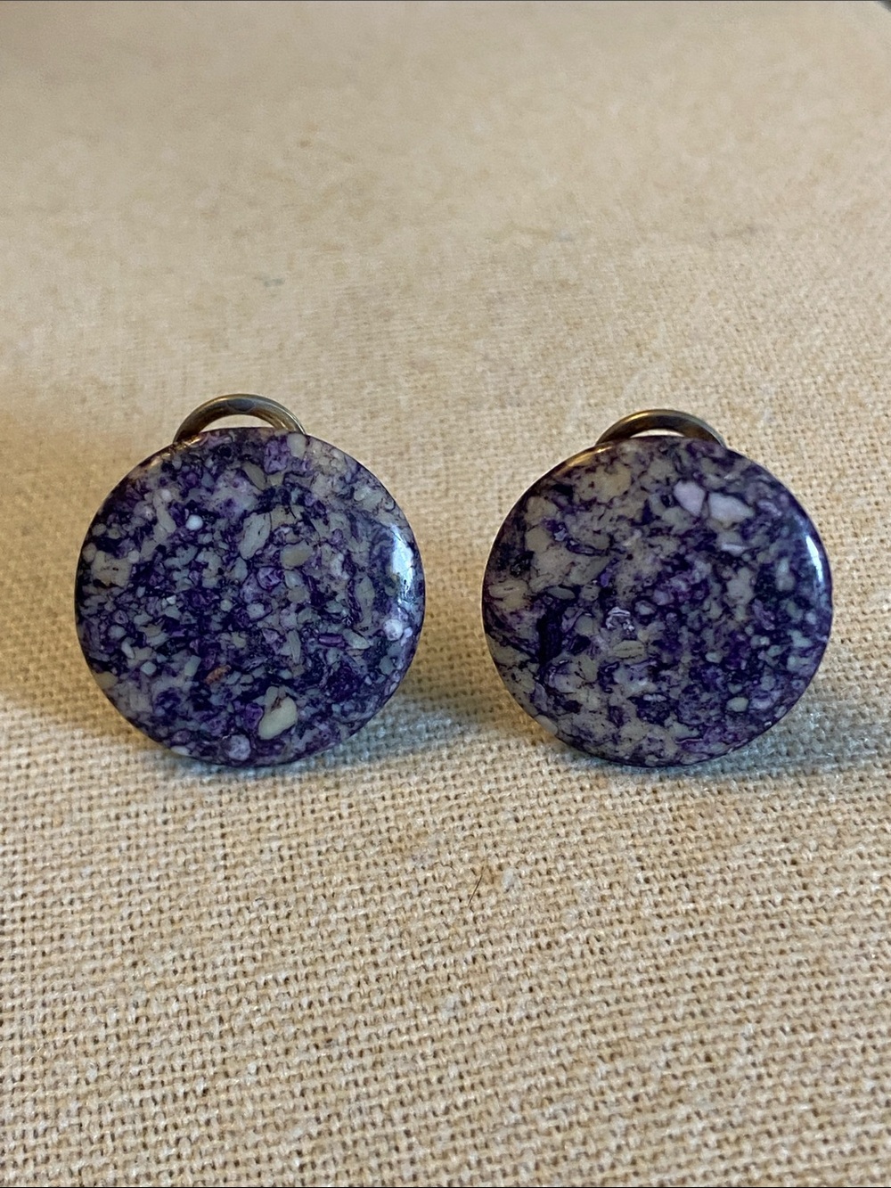 Vintage Natural Purple Jasper Pierced Earrings Gold Tone 2 cm